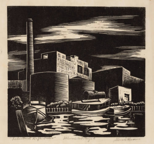 Black-and-white print with boats on water, and buildings and plants with chimneys in background