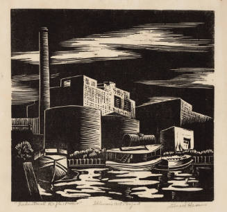 Black-and-white print with boats on water, and buildings and plants with chimneys in background