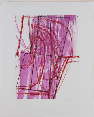 Energetic black and red lines overlap thin bright pink brushstrokes on white paper