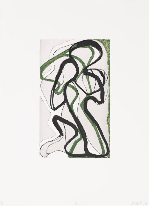 Abstract green and black lines that resemble two figures embracing