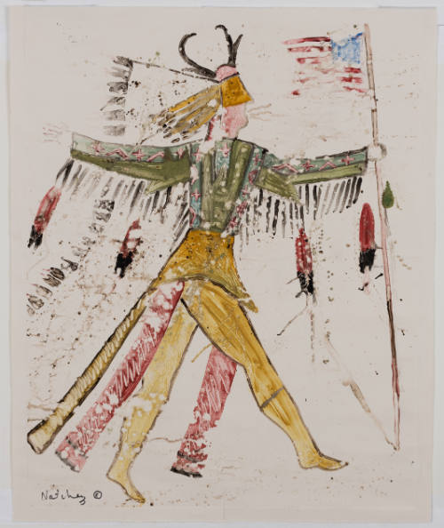 Light-skinned, full-length figure holds an American flag and wears clothing with fringe and feathers