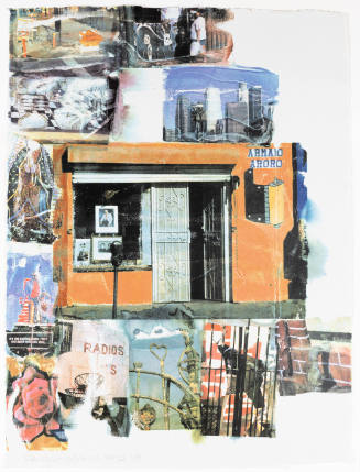 Bright collage of images, mostly street scenes, with a central image of an orange storefront