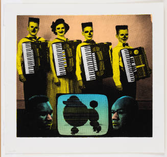Four yellow people wearing accordions and, in foreground, two faces and a t.v. showing a poodle