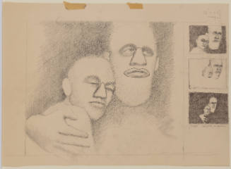 Four sketches of two masked people side-by-side, one of the figures embracing the other