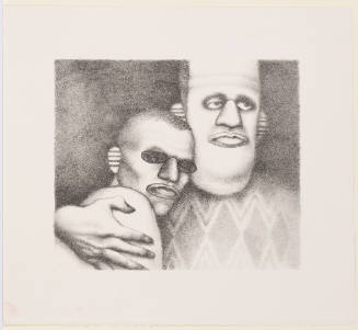 Portrait of two people with faces stylized to look like masks, one person is hugging the other