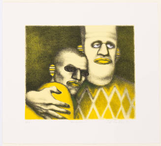 Yellow-toned print of two masked people side-by-side, one of the figures embracing the other 