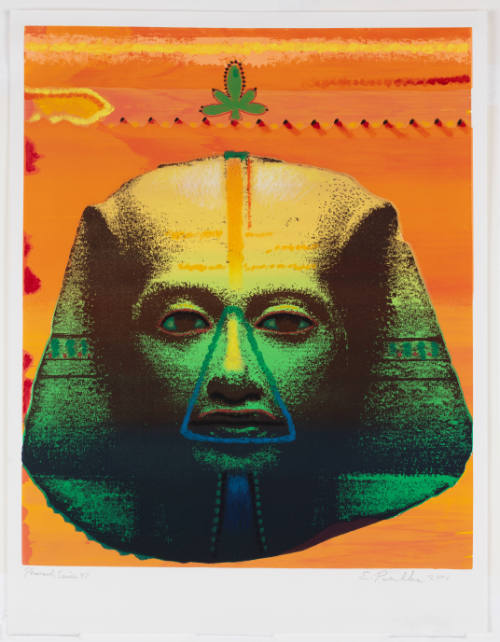Pharaoh head in yellow-green gradient on an orange gradient background