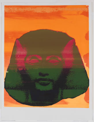 Pharoah’s head in green with pink eyes and orange background