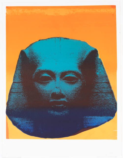 Pharoah’s head in shades of blue sits against a background of bright orange