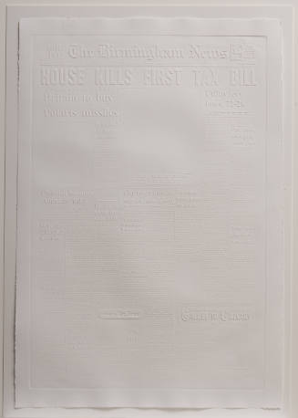 White paper embossed with the front page of "The Birmingham News,” headlines and text barely legible