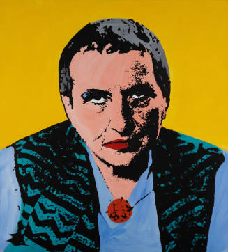 Portrait with a yellow background of a woman with short hair wearing blue and looking at the viewer