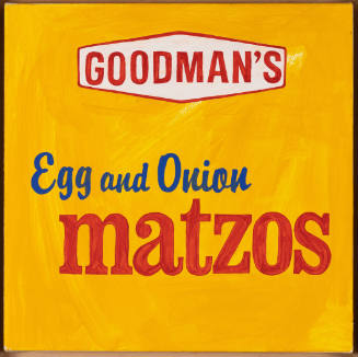 Bright painting with text reading "GOODMAN'S Egg and Onion matzos" in commercial-style fonts
