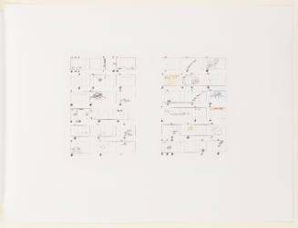 Two columns of six rectangles, each with evenly spaced dotted lines and randomly placed glyphs