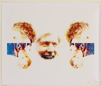 Bearded man seen from different views, smiling at center with mirrored views on left and right