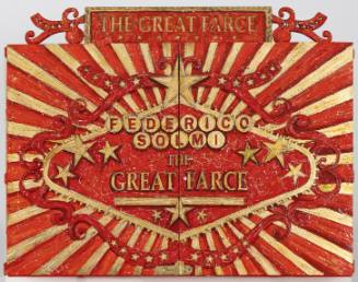 Cover of box with red and gold design and the artist’s name and "THE GREAT FARCE” in a carnival font