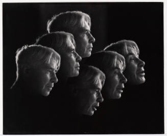 Photograph with several overlapping images of the head of Carl Sandburg, an older white man