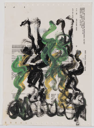Abstract painting of human figures in yellow, green, and black on dot matrix printer paper