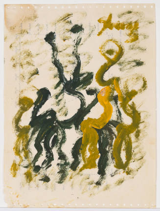 Abstract figures painted with light and dark green squiggly brushstrokes on a light background