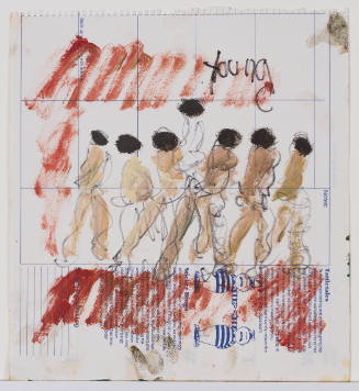 Drawing of seven figures with black hair with written text that reads “Young” on found paper