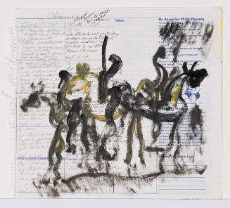Painting of abstract people and horses in black and yellow on found paper with text