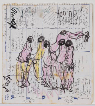 Amorphous, pink and yellow figures appear in the center of a used calendar page with handwriting
