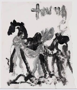 Loose black and gray brushstrokes delineating three abstract horse figures on piece of torn paper