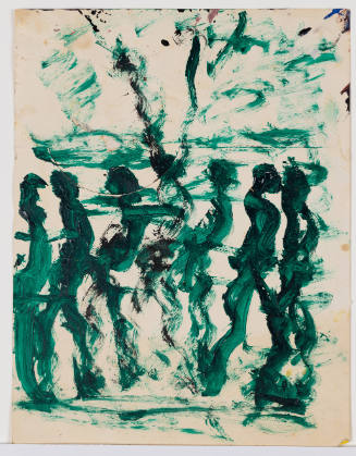 Loose green brushwork abstractly delineating seven figures walking towards the right in a landscape