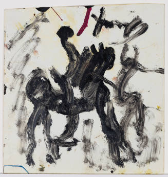 Sketchy figures of a horse and rider appear in thick black brushstrokes against a white background