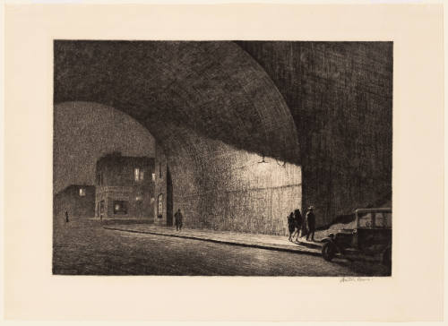 Nightscape with large arch lit by a streetlamp, car at lower right, and five small, shadowed figures