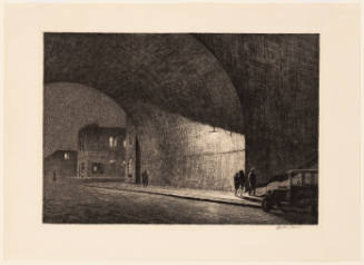 Nightscape with large arch lit by a streetlamp, car at lower right, and five small, shadowed figures