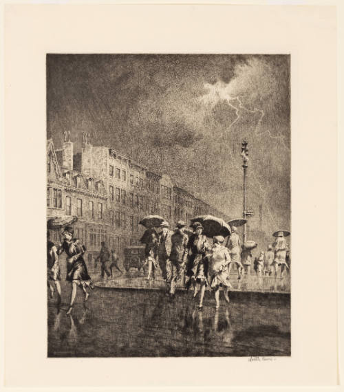 Street scene of heavy rain and lightning over buildings, many people walking briskly with umbrellas