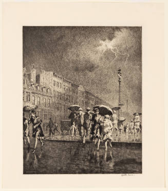 Street scene of heavy rain and lightning over buildings, many people walking briskly with umbrellas