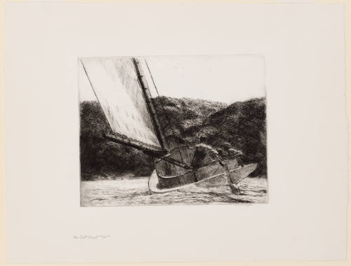 Black-and-white etching with view of a small, sailed boat on water with two men, seen from behind