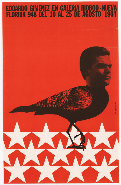 Red print image of male head on bird body standing on three rows of white stars