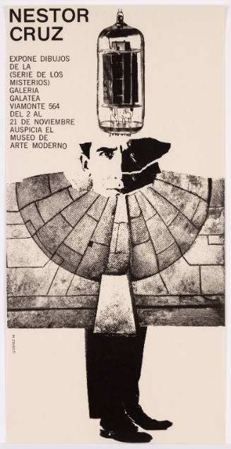 Art exhibition poster featuring surreal collage with a lightbulb, face, sidewalk and boots