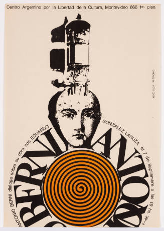 Art event poster with collage of orange spiral, a face and lightbulb. Text reads "Antonio Berni"