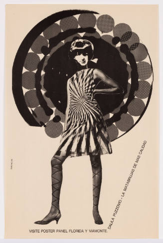 Black-and-white art poster with woman in a shift dress with circular patterns in background