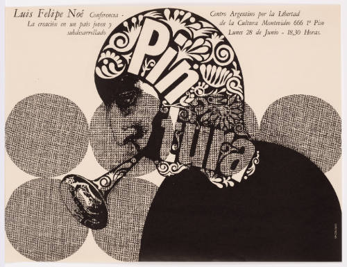 Poster with a person’s profile blowing a horn with overlaid graphics of flowers, dots and letters