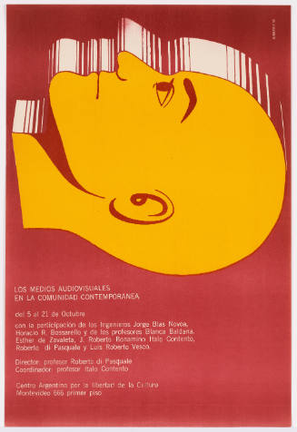 Art advertisement poster with a floating yellow head facing upwards, red background, and text below