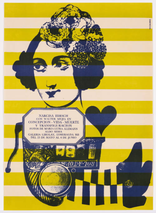 Poster with whimsical figure printed in black ink on a background of yellow and white stripes