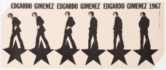 Poster with six figures in a row who are standing on stars and artist’s name repeated at top