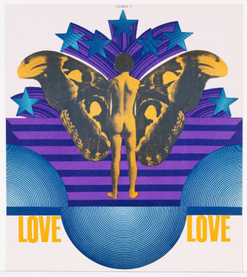 Poster of nude person with butterfly wings seen from behind and the words “LOVE LOVE” at bottom