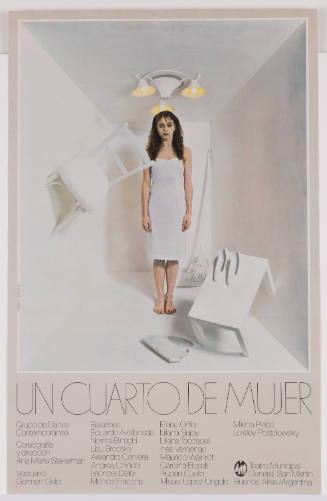 Front of two-sided poster with a nicely dressed woman wearing dark make-up in off kilter white room