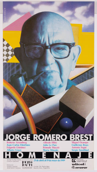 Art poster with bald man wearing glasses and smoking a pipe, and colorful 3-D shapes and text below