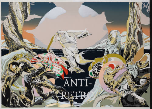 Landscape with horse at center, brawling humans on both sides, and text reading “ANTI-RETRO”