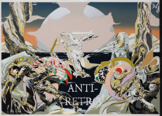 Landscape with horse at center, brawling humans on both sides, and text reading “ANTI-RETRO”