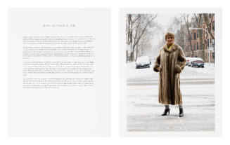 Interview text paired with photo of an older woman with medium skin tone wearing a fur coat