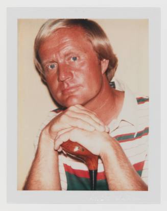 Polaroid bust-length portrait of blond man with sunburnt, light skin tone leaning on golf club