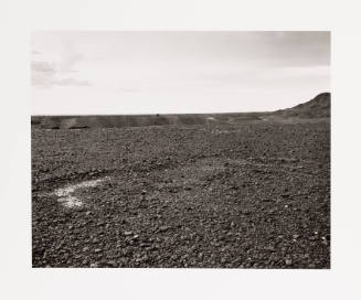 Black-and-white photograph of a desert landscape with marks in the foreground that indicate activity
