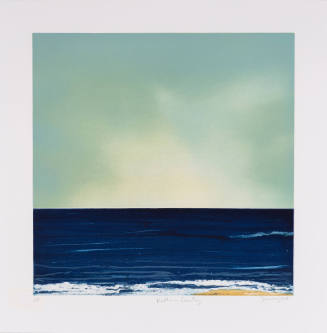 Seascape with strong color contrast between sky and sea and wave of seafoam at the bottom